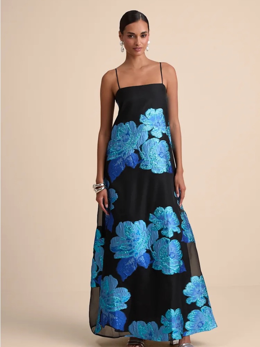 Yavanna Black and Blue Floral Jacquard Shift Maxi Dress from Lulus